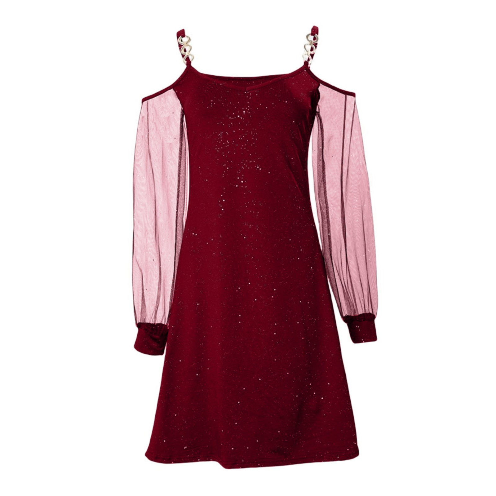 thumbnail image 5 of Vestido de manga larga de malla de color liso para mujer para Navidad: estampado festivo, cuello en V, ropa informal para fiestas, 5 of 5